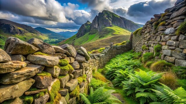 Lush green moss and ferns covering the rough-textured stone walls of Tryfan mountain in Wales