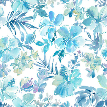 Watercolor blue hibiscus and tropical leaves seamless pattern on a transparent background for fabric, wedding invitation and surface design