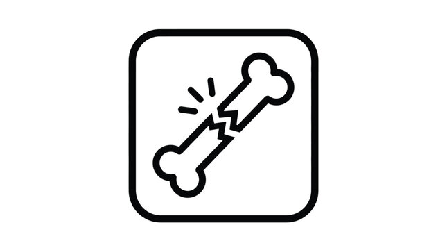 Simple black and white line art vector icon representing a broken bone inside a rounded square frame for medical health care and orthopedic diagnostic symbols