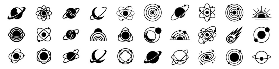 Obraz premium Space-themed logo bundle with elegant black planets, stars, and orbit graphics on transparent background.