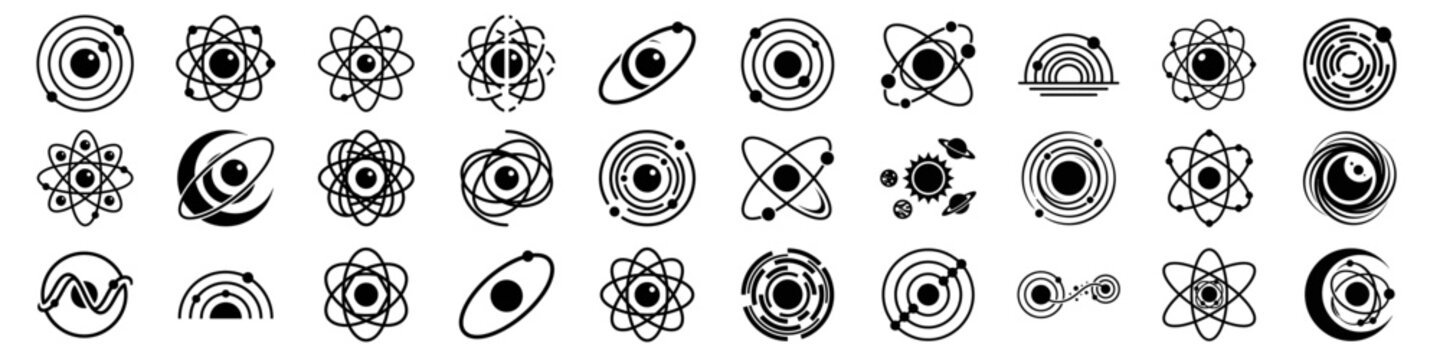 Minimal black space logo set with galaxy, planet, orbit, and cosmic symbols in vector format, isolated on transparent.