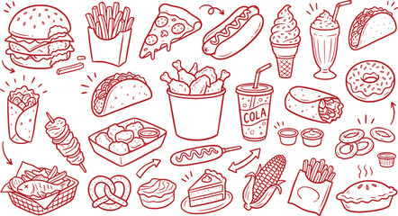 Hand drawn fast food doodle set, red line art junk food icons, collection of 25 restaurant menu elements in EPS format © Creative Wings