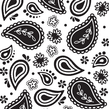 black and white paisley seamless pattern doodle vector background