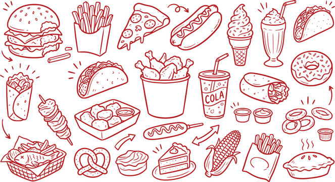 Hand drawn fast food doodle set, red line art junk food icons, collection of 25 restaurant menu elements in EPS format