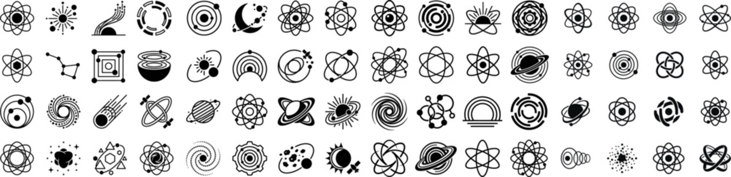 Space-inspired vector logo collection with modern black celestial icons and clean minimalist illustrations.