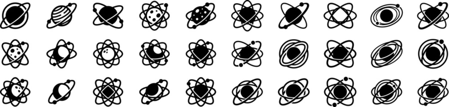 Galaxy emblem bundle featuring planets, stars, atoms, and orbit designs in black vector isolated on transparent.