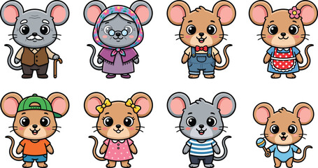 Obraz premium Cartoon Mouse Family Character Set in Flat Vector Style Isolated on Transparent Background