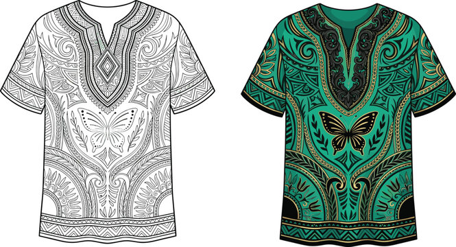 Traditional African dashiki t shirt design template with butterfly motif vector illustration