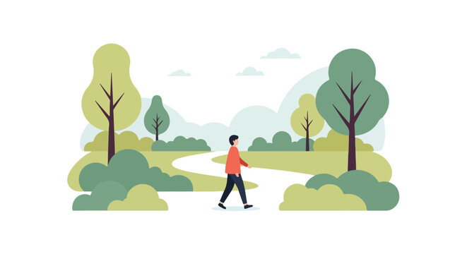 A man wearing a red shirt strolls along a winding path through a peaceful park filled with lush green trees and bushes under a cloudy sky.