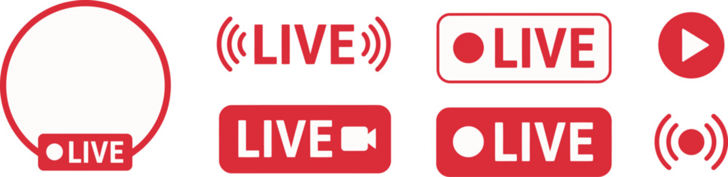 Live streaming icons, broadcasting symbols, red play button, camera icon, on air sign, live event graphics. Vector illustration