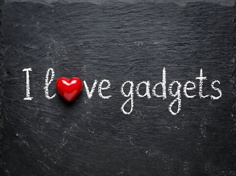 I love gadgets written in white chalk with a red heart on dark slate background technology creative