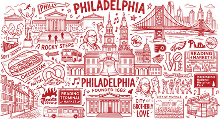 Philadelphia sketch panorama with landmarks and local icons in red ink on white © Creative Wings