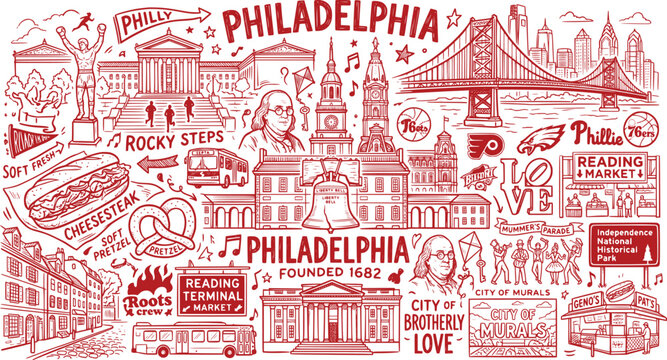 Philadelphia sketch panorama with landmarks and local icons in red ink on white