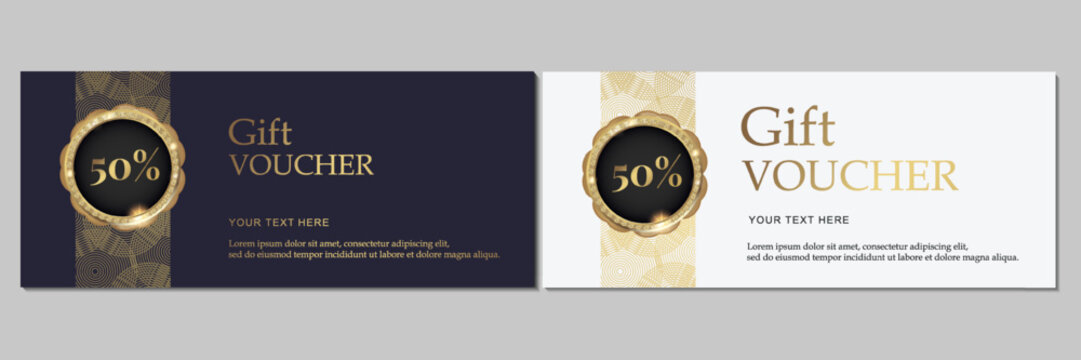 Gift voucher template set. Two elegant horizontal discount coupons with luxury gold glitter seal and fine line patterns on dark navy and white backgrounds. Modern vector layout for spa and retail.