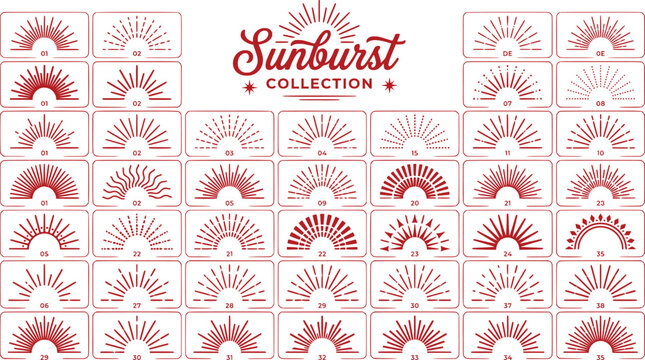 Vintage sunburst collection with 45 red vector elements, retro sunrise line art set, decorative radial light rays for logo design and branding
