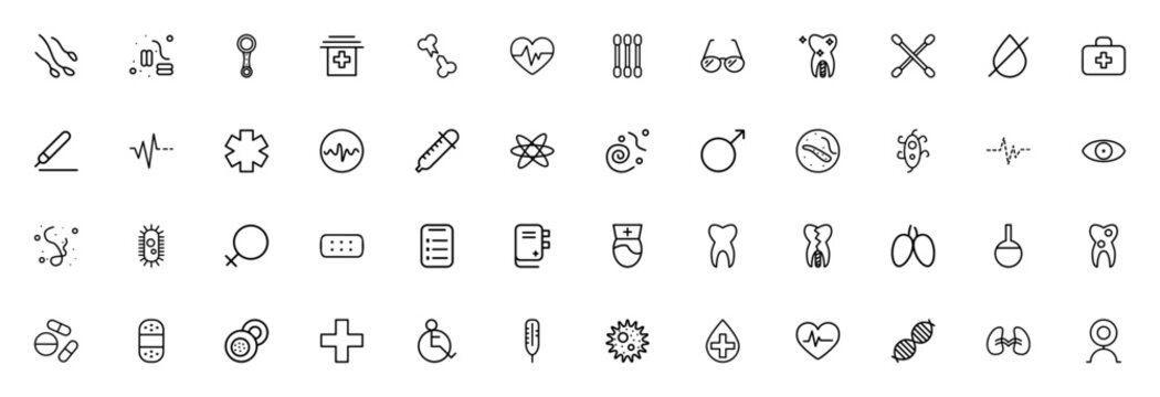 Medical icon set. Healthcare vector icons. Minimal line icon pack. Featuring bacteria, hospital, heart, DNA, stethoscope, pills, germs, lungs, tooth, implants, cell, wheelchair, and more. Editable str