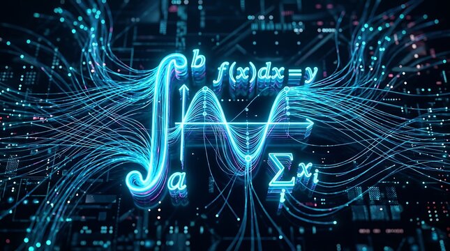 Glowing blue mathematical function graph with equations on circuit board background