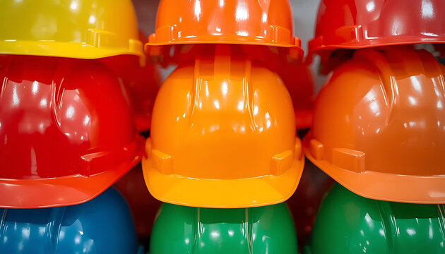 Stack of colorful hard hats in bright safety colors for construction site team identification