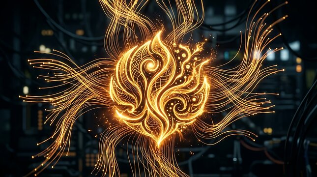 Glowing Fiber Optic Magic Icon Radiating Golden Light in Dark Background