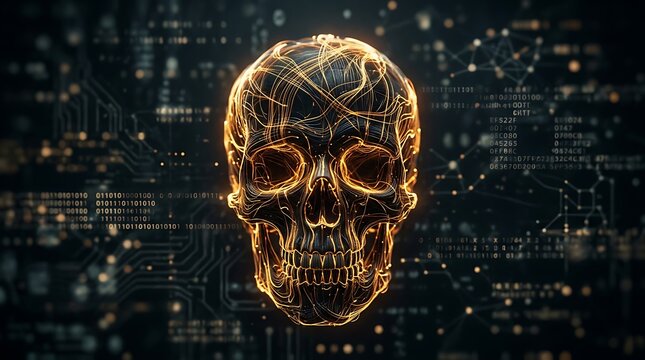 Glowing digital skull formed by fiber optic cables on a dark data background
