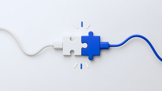 White and blue puzzle pieces connecting with USB cables illustrating seamless network integration data transfer and technological compatibility