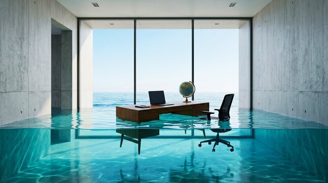Submerged modern office with desk, laptop, globe, and chair in clear water, ocean view, climate crisis concept.