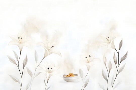 Delicate white lilies with soft steam