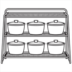 Obraz premium Six ceramic pots with lids organized on a two-tiered kitchen rack