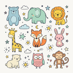 Fototapeta premium Cute cartoon animals, stars, moon, clouds illustration - children's book style