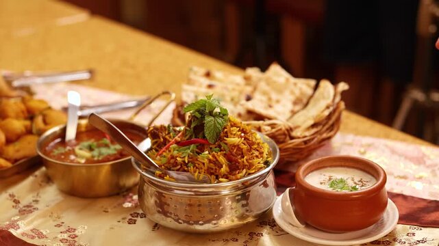 Traditional Indian Mutton Biryani with Naan and Raita on Table