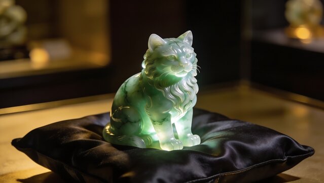 Carved Green Jade Cat Figurine on Black Silk Cushion