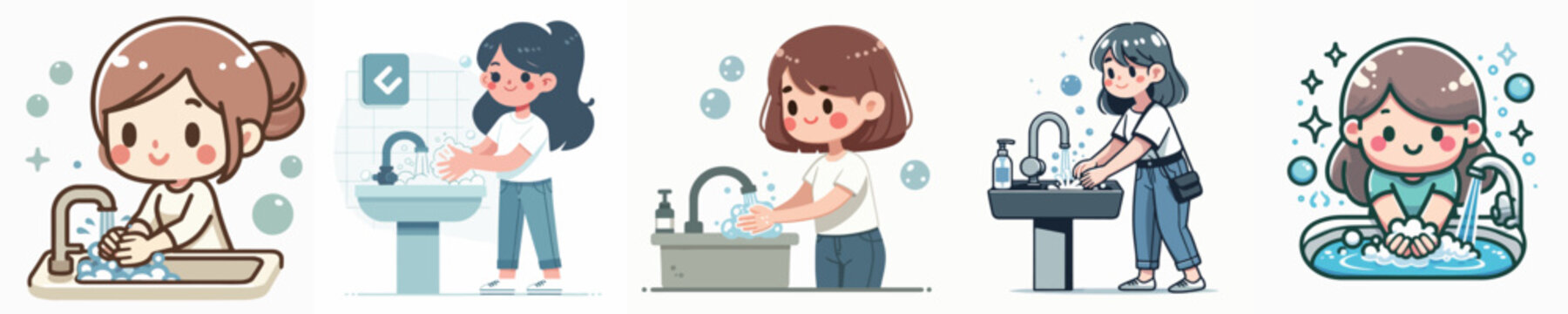 Cute cartoon characters washing hands with soap and water