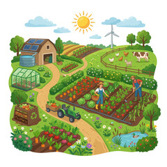 Fototapeta premium Sustainable Organic Farming Landscape Featuring Farmers Working in Vegetable Gardens with Renewable Energy and Livestock