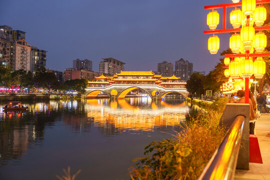 Beautiful Anshun Bridge, Bridge of the Peaceful and Fluent is a bridge in Chengdu, Sichuan, China. It crosses the Jin River. Landmark and popular for tourists attractions
