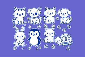 Cute cartoon sticker set featuring adorable white kittens puppies bunnies a penguin and a friendly turtle on purple background © BWKit
