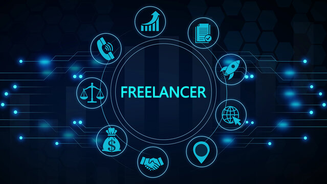 Freelancer surrounded by of skills, services, and tools in a digital workspace