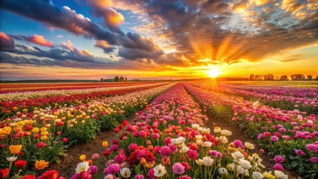 Vibrant flower field at sunset