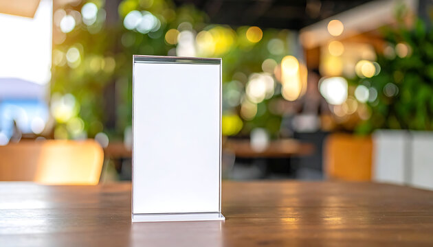 Blank Vertical Menu Card On Wooden Table In Modern Restaurant Interior With Bokeh Background