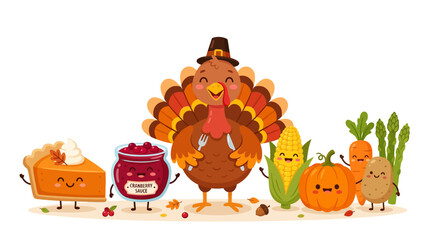 Fototapeta premium Smiling cartoon turkey and food friends celebrate harvest festival together outdoors