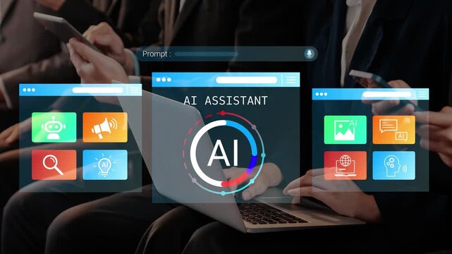 Business people interacting with digital AI assistant interface during a conference, showcasing various technology services and applications for productivity enhancements. Gluon.