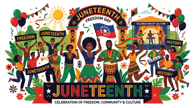 People celebrate Juneteenth with dancing, flags, and banners in a festive outdoor setting with cultural expressions.