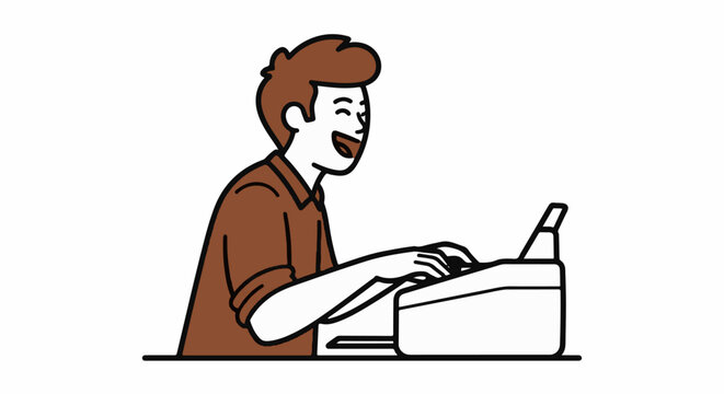 Excited young man typing on vintage typewriter machine.