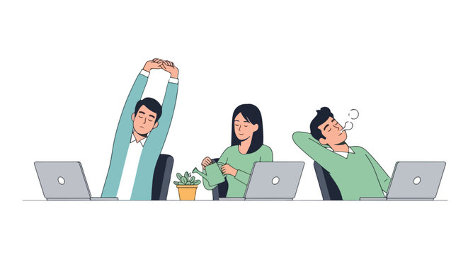 Three office workers take a break at their desks, with one stretching, another watering a plant, and the third sleeping soundly next to a laptop.