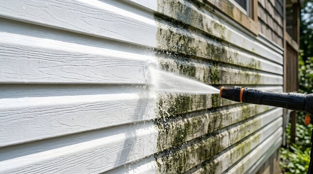 Power washing vinyl siding on residential house exterior using high pressure water stream to blast away dirt and green algae stains from side wall for home improvement task.