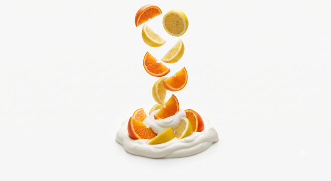 Distant shot of orange and lemon slices falling into thick white yogurt curd
