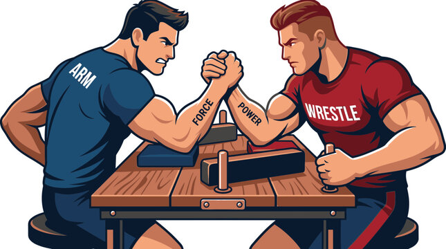 Intense Arm Wrestling Competition Between Two Male Athletes.