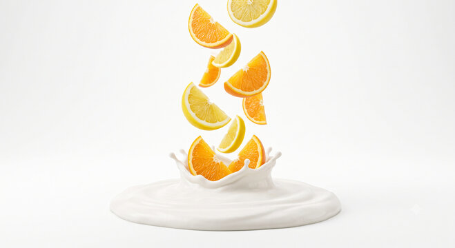 Distant shot of orange and lemon slices falling into thick white yogurt curd
