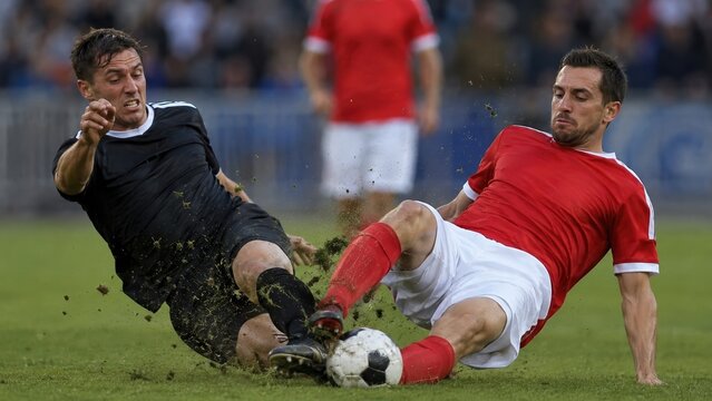 Professional Soccer Players Fighting for Ball in a Competitive Match