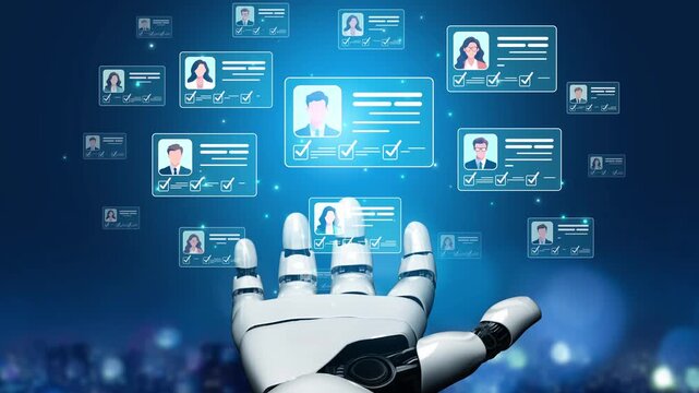 Futuristic robotic hand interacting with digital profiles in a cyber environment signifying artificial intelligence and data analysis in modern technology Sigmoid