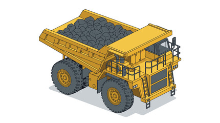 Large yellow mining dump truck transporting coal at an open pit mine. © Sobo